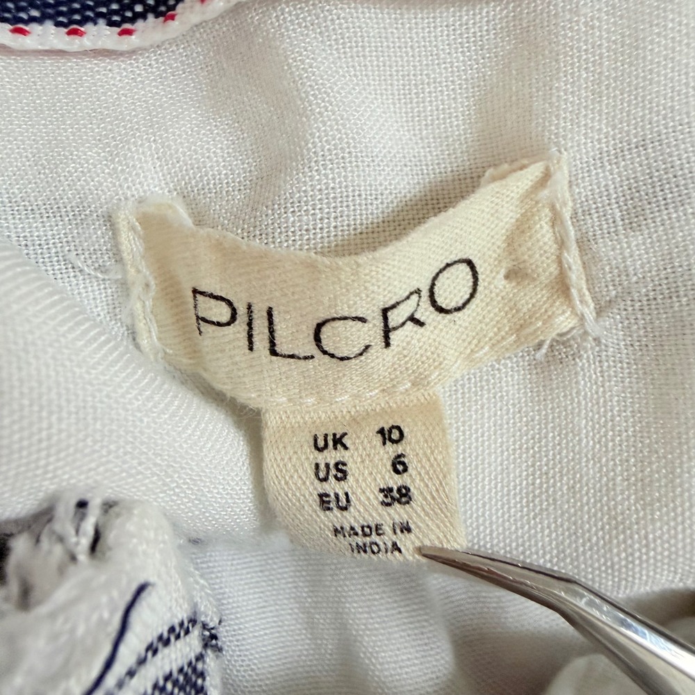 Pilcro Anthropologie Striped Linen Ruffle Button Front Midi Dress White Blue 6 - Picture 8 of 13